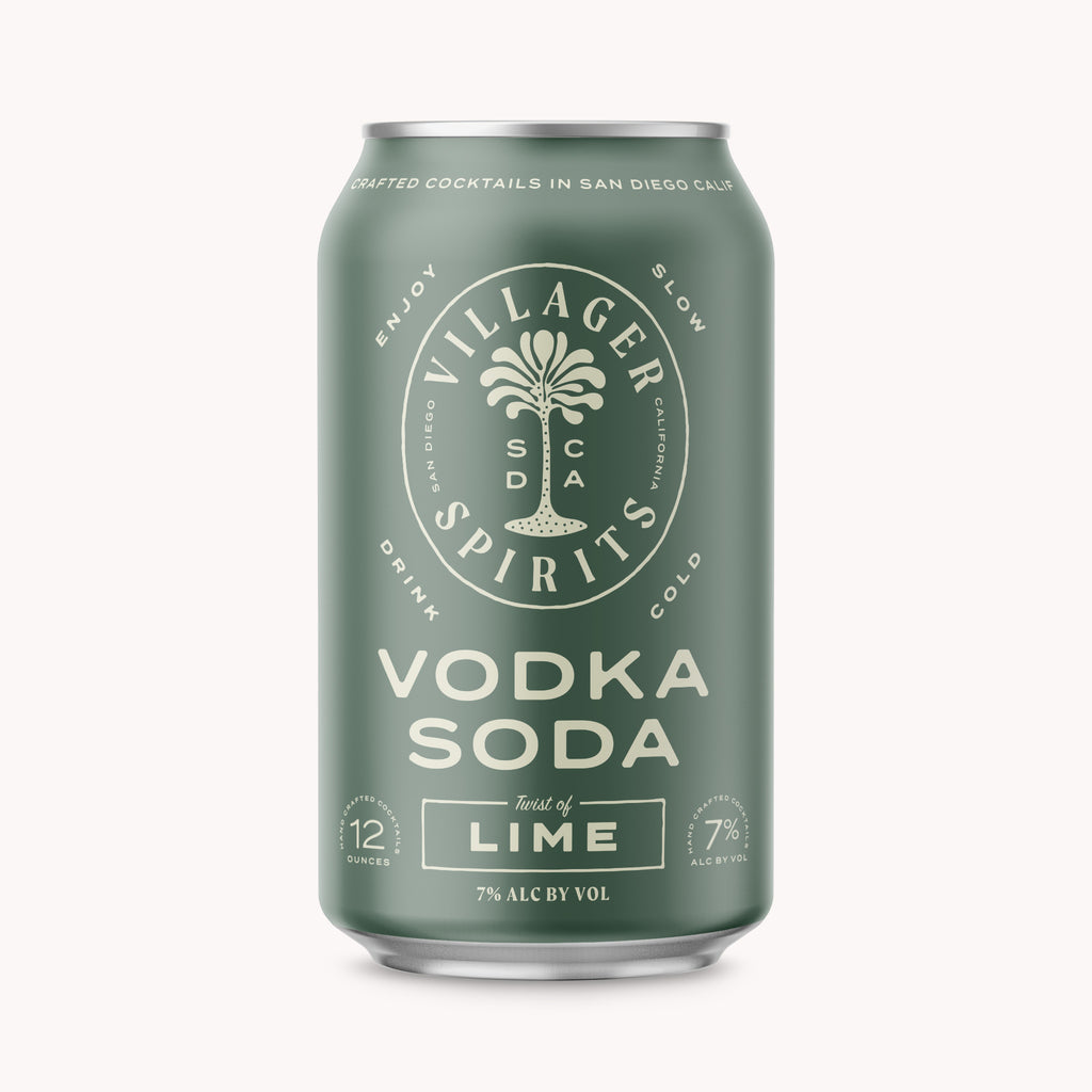 Villager Spirits ready to drink Vodka Soda with a twist of lime cocktail in a 12 ounce can.