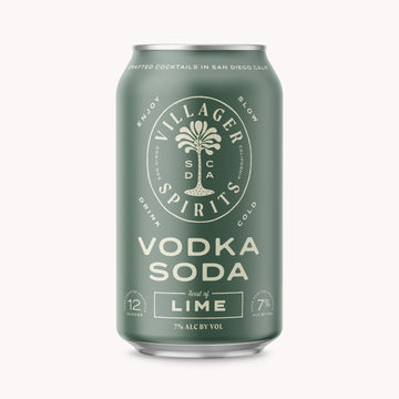 Villager Spirits ready to drink Vodka Soda with a twist of lime cocktail in a 12 ounce can.